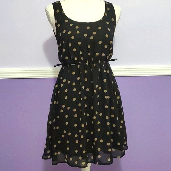 Monteau Black & Tan Polka Dots 60s Vibes Retro Flare Mini Dress - Picture 1 of 9